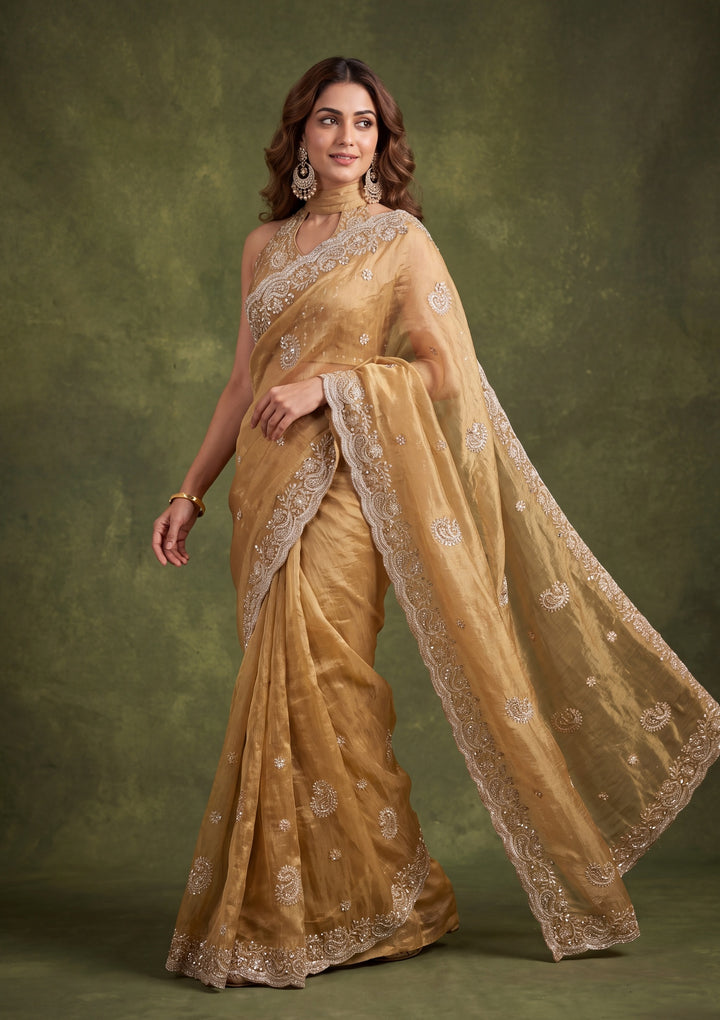 Gold Tissue Threadwork Saree With Matching Blouse Piece