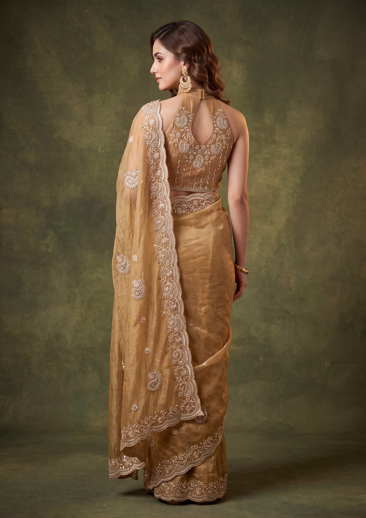 Gold Tissue Threadwork Saree With Matching Blouse Piece