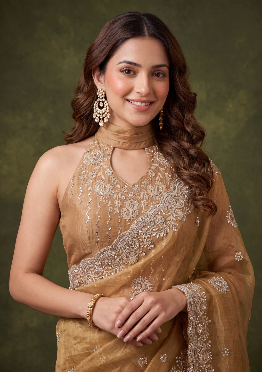 Gold Tissue Threadwork Saree With Matching Blouse Piece