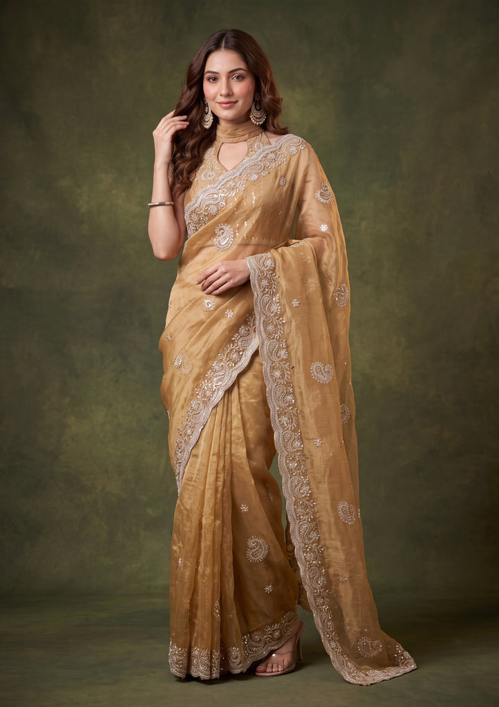 Gold Tissue Threadwork Saree With Matching Blouse Piece