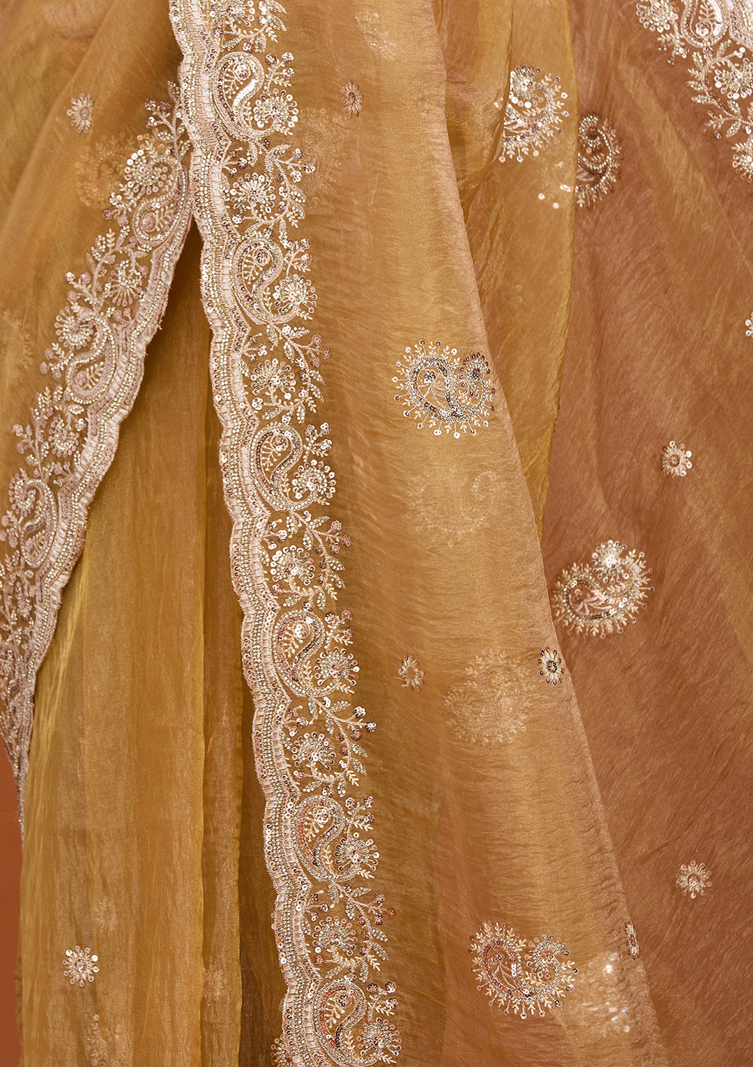 Gold Tissue Threadwork Saree With Matching Blouse Piece
