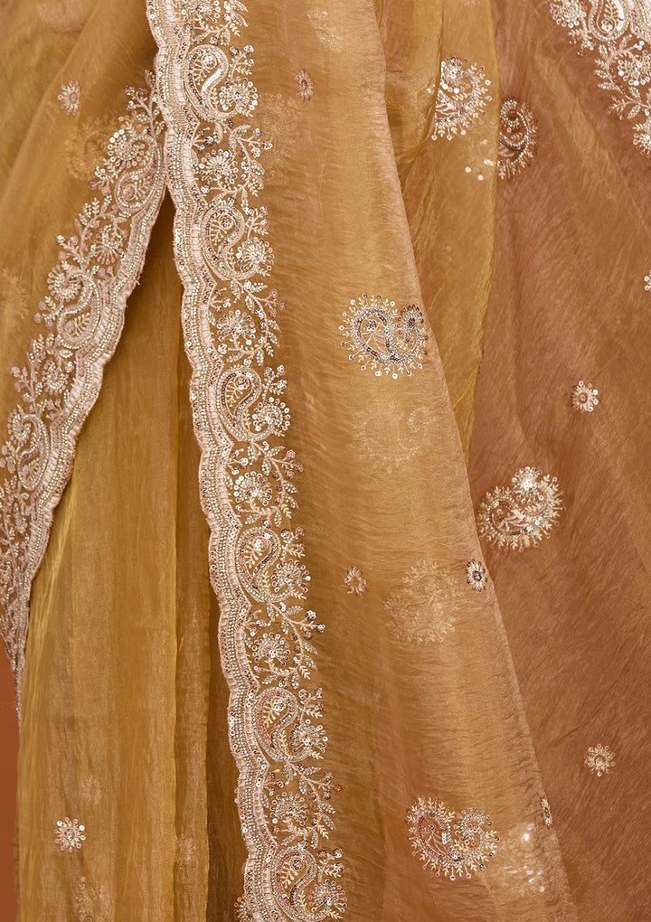 Gold Tissue Threadwork Saree With Matching Blouse Piece