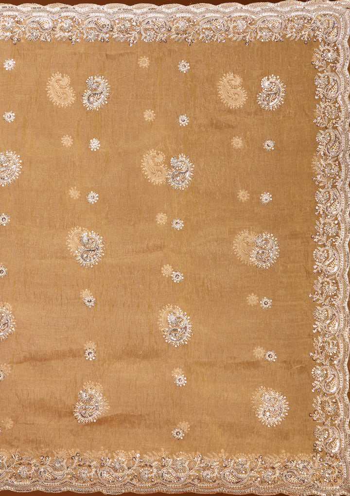 Gold Tissue Threadwork Saree With Matching Blouse Piece