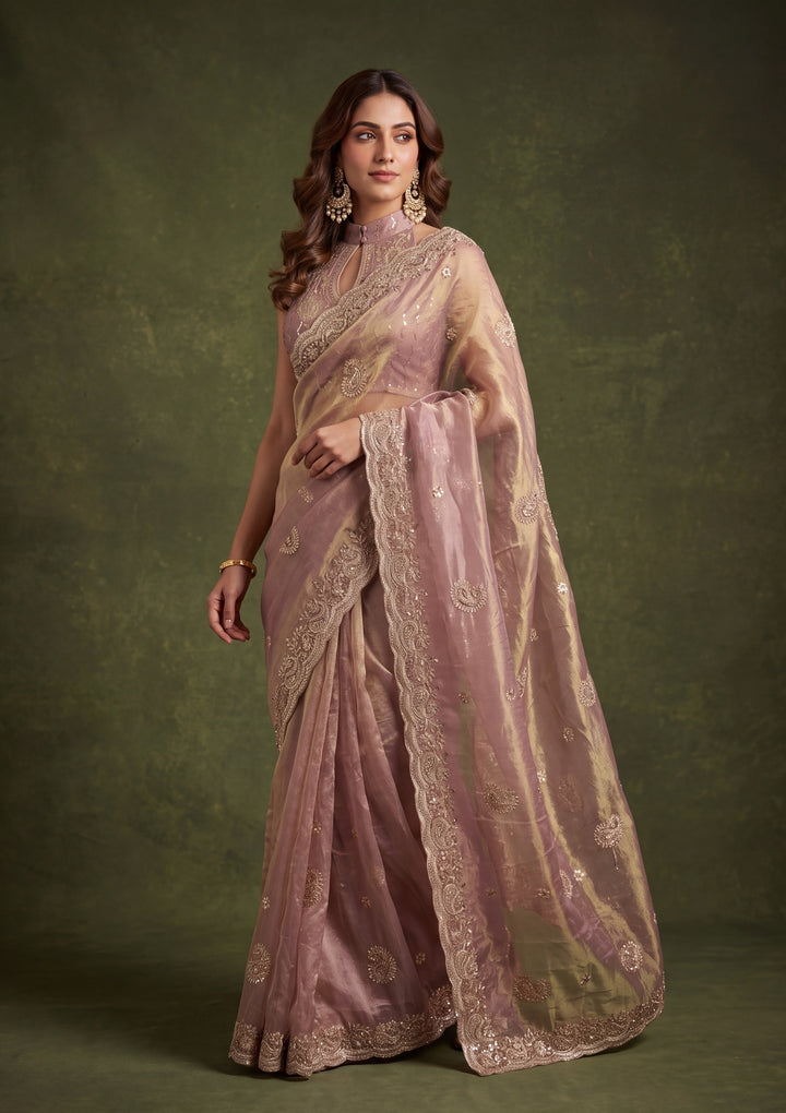 Onion Pink Tissue Threadwork Saree With Matching Blouse Piece