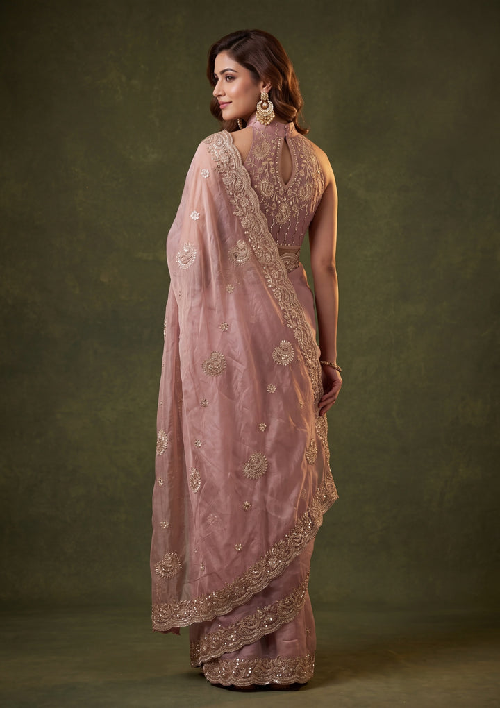 Onion Pink Tissue Threadwork Saree With Matching Blouse Piece