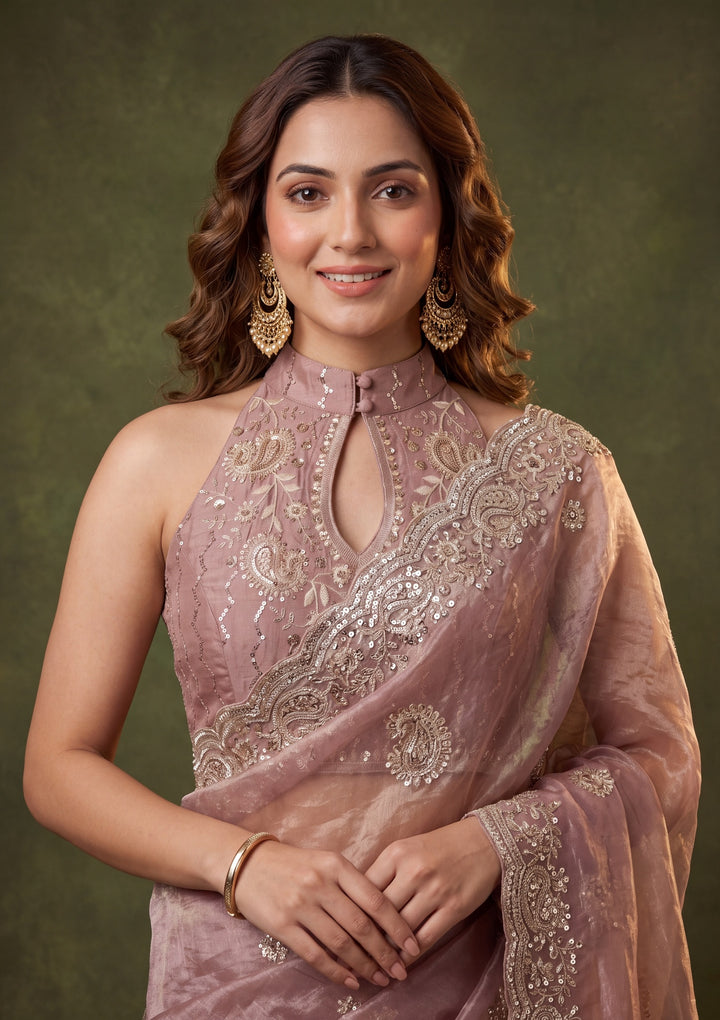 Onion Pink Tissue Threadwork Saree With Matching Blouse Piece