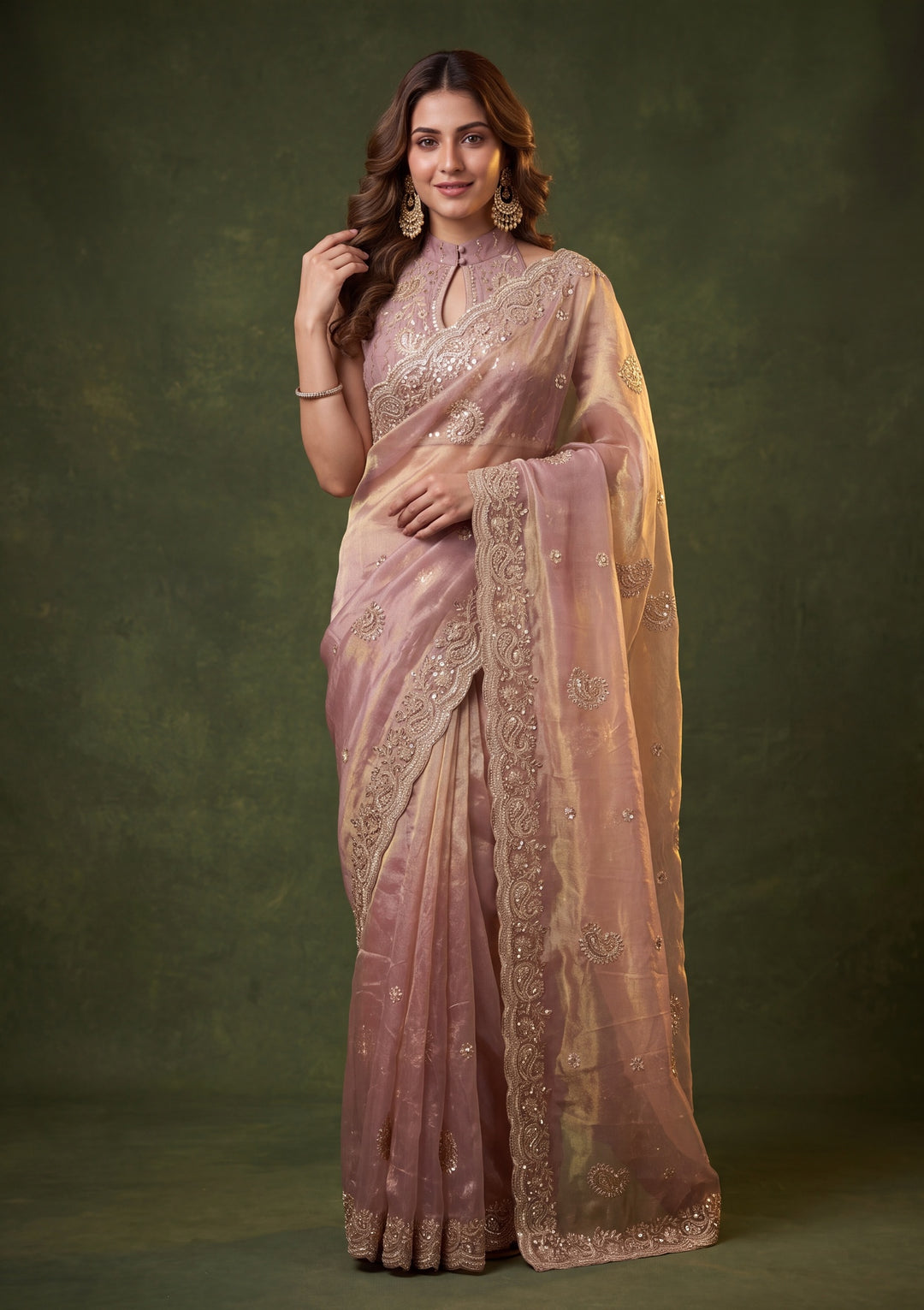 Onion Pink Tissue Threadwork Saree With Matching Blouse Piece