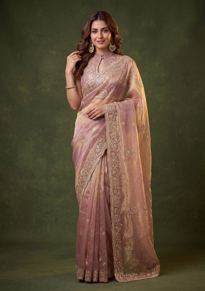 Onion Pink Tissue Threadwork Saree With Matching Blouse Piece