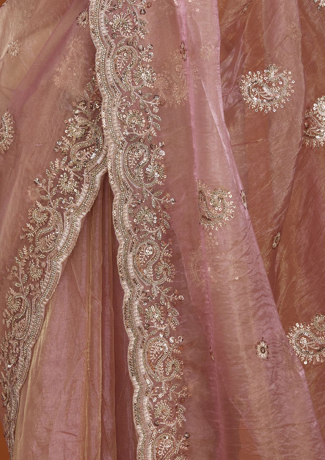 Onion Pink Tissue Threadwork Saree With Matching Blouse Piece