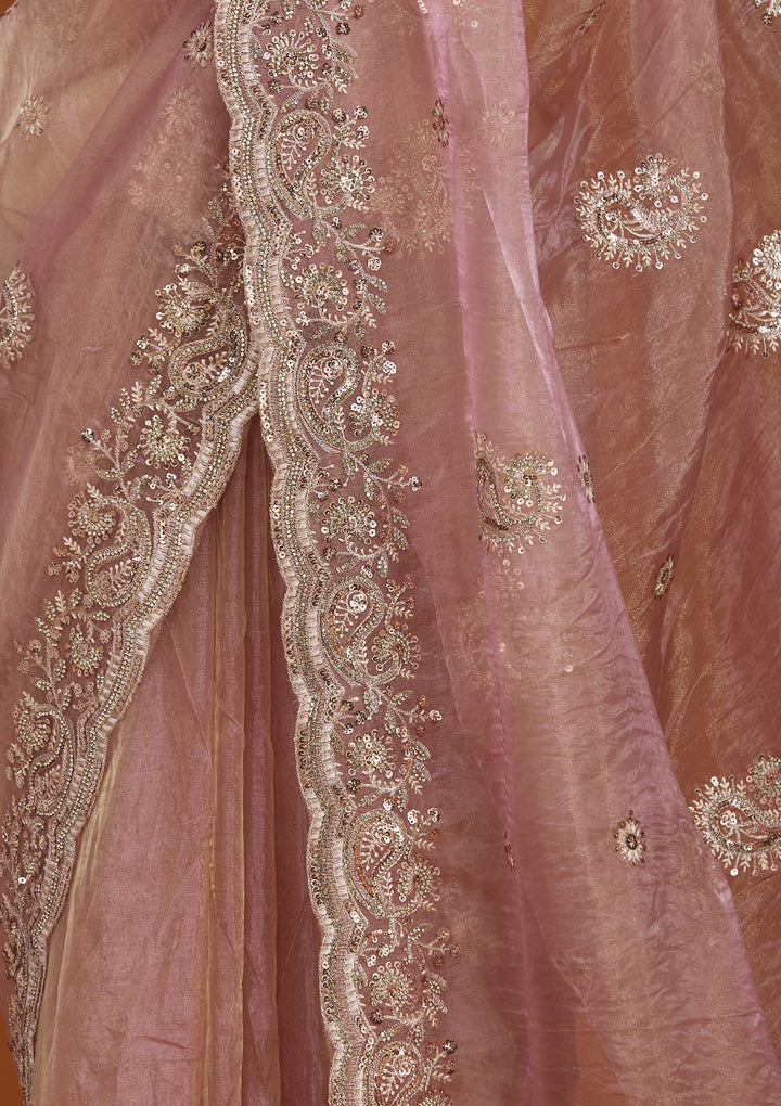 Onion Pink Tissue Threadwork Saree With Matching Blouse Piece
