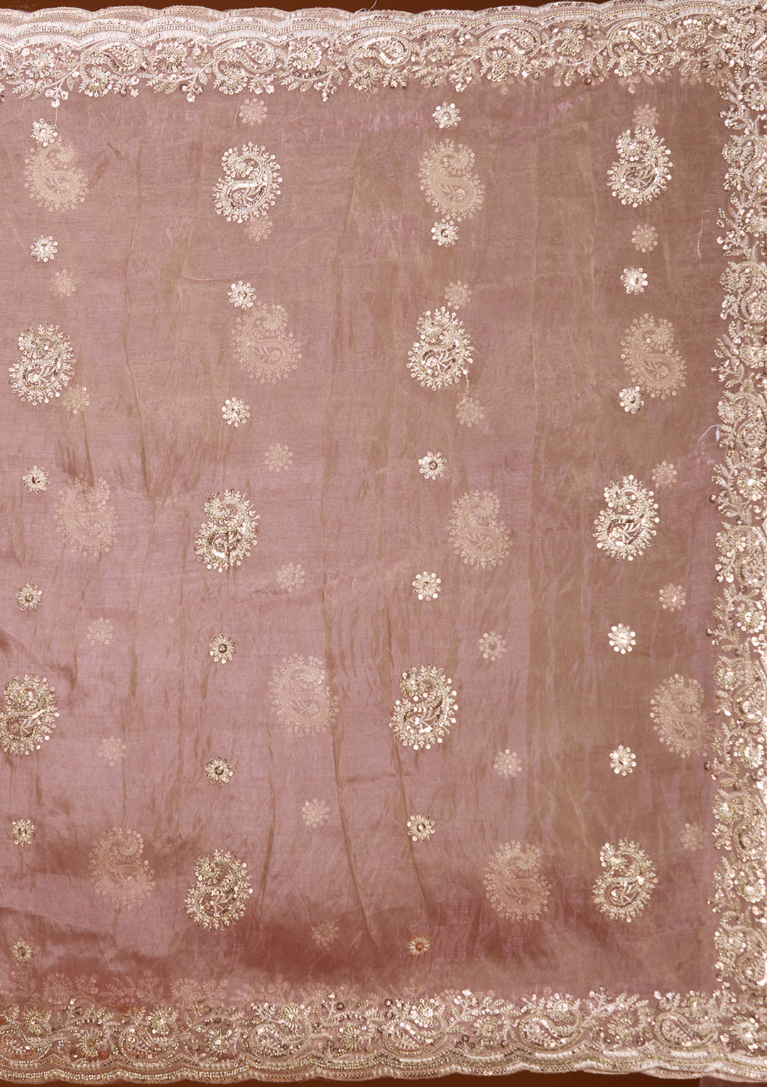 Onion Pink Tissue Threadwork Saree With Matching Blouse Piece