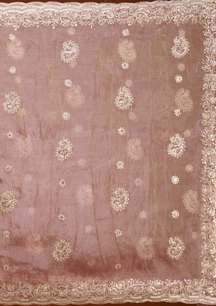 Onion Pink Tissue Threadwork Saree With Matching Blouse Piece
