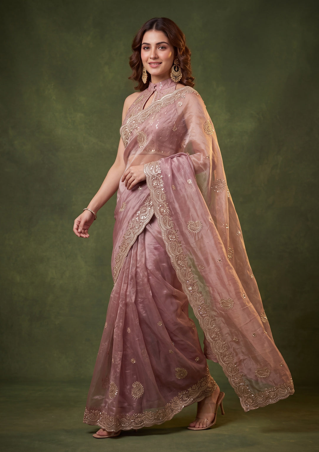 Onion Pink Tissue Threadwork Saree With Matching Blouse Piece