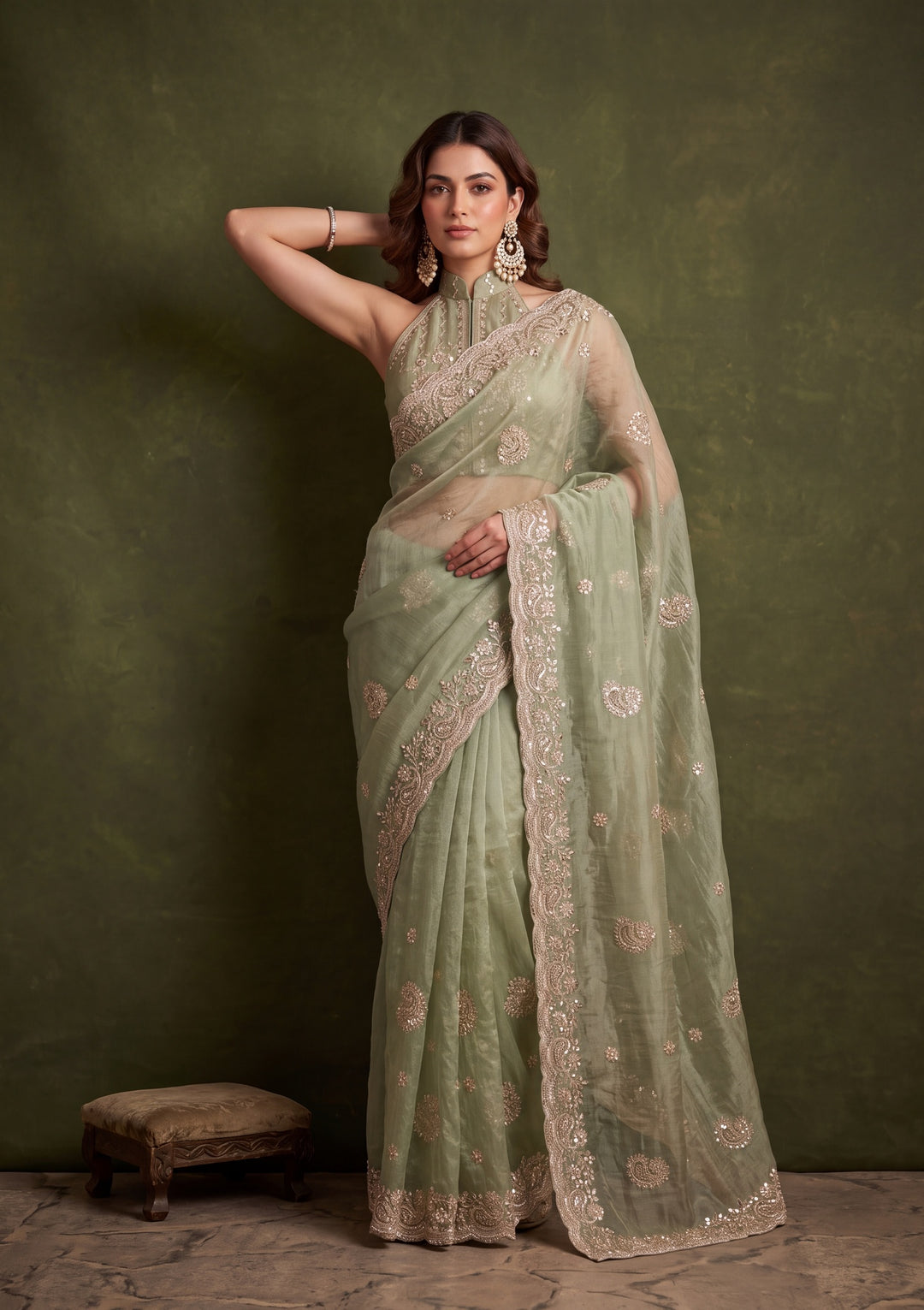 Sea Green Tissue Threadwork Saree With Matching Blouse Piece