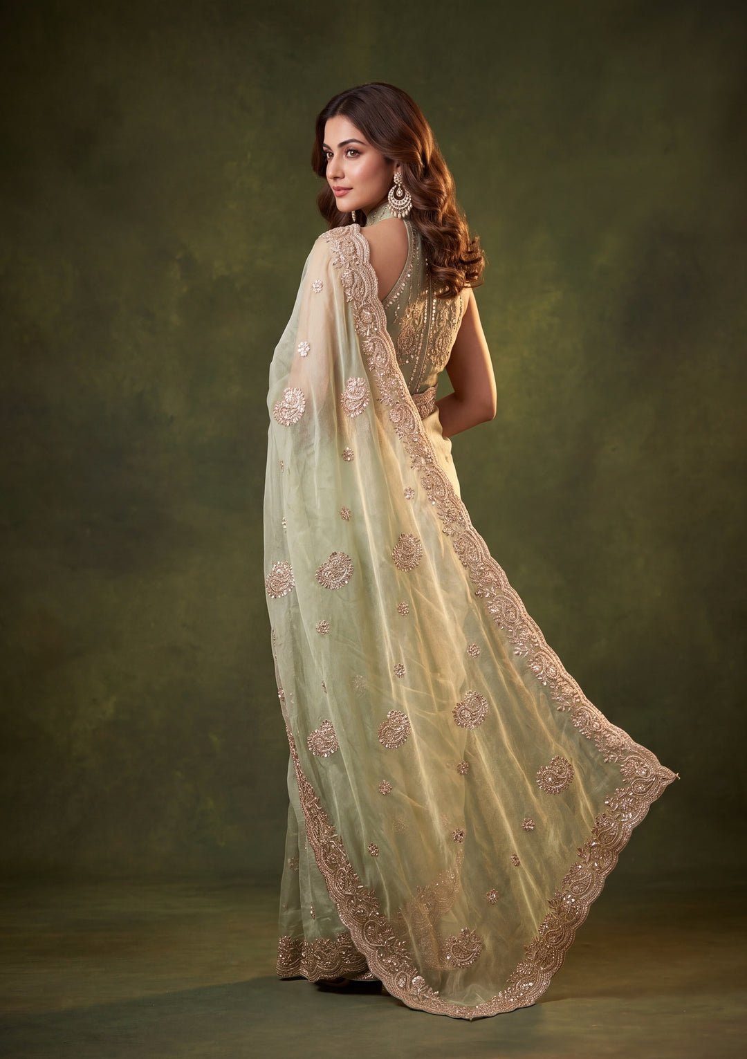 Sea Green Tissue Threadwork Saree With Matching Blouse Piece