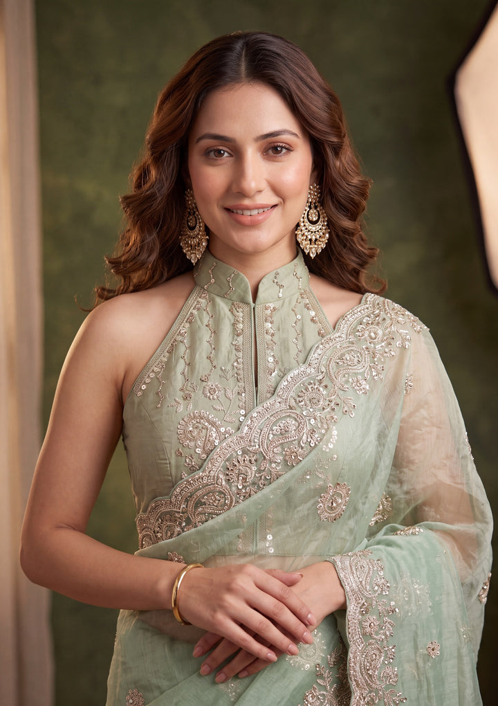 Sea Green Tissue Threadwork Saree With Matching Blouse Piece