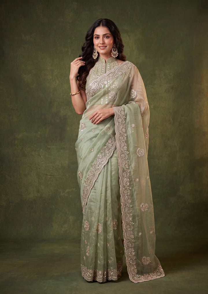 Sea Green Tissue Threadwork Saree With Matching Blouse Piece