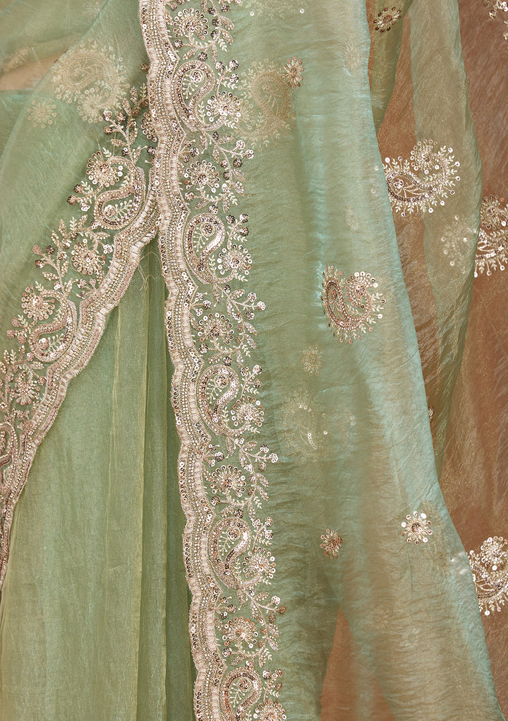 Sea Green Tissue Threadwork Saree With Matching Blouse Piece