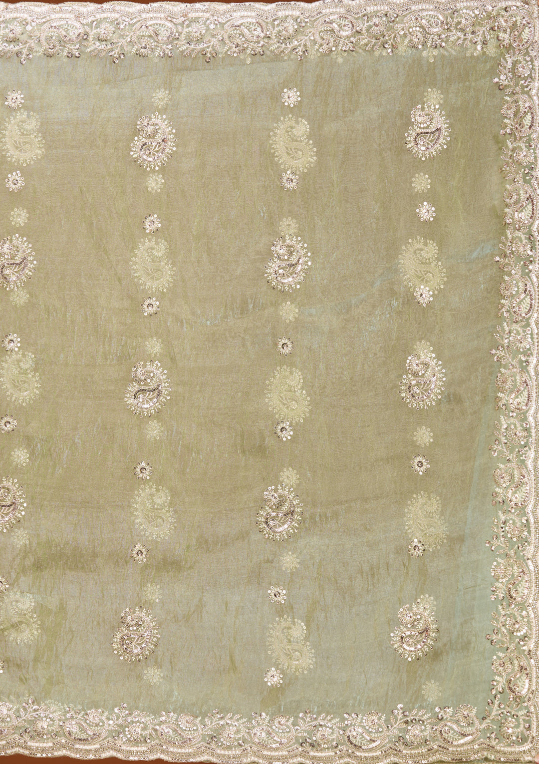Sea Green Tissue Threadwork Saree With Matching Blouse Piece