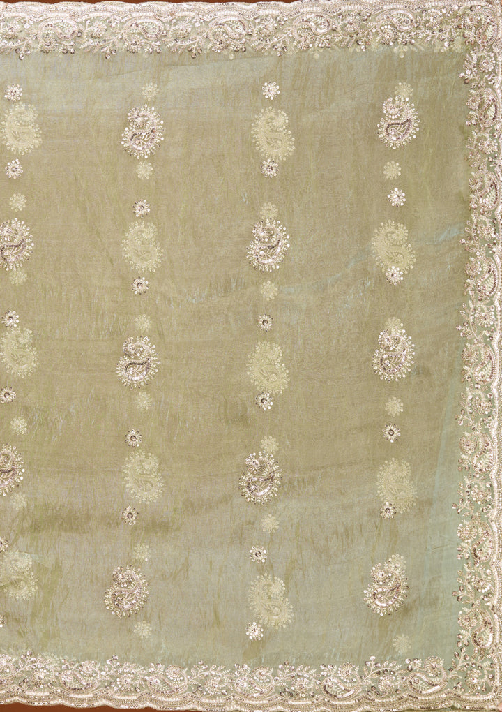 Sea Green Tissue Threadwork Saree With Matching Blouse Piece