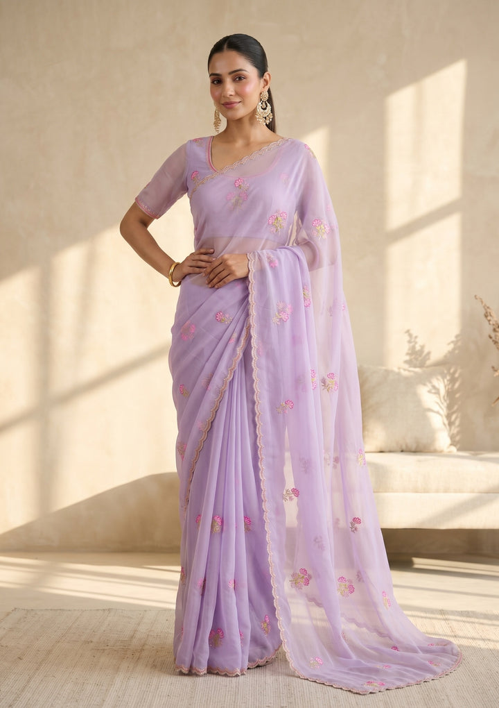 Lavender Threadwork Chiffon Saree