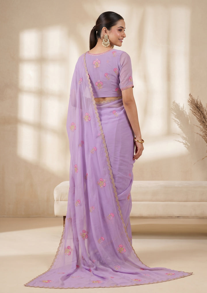 Lavender Threadwork Chiffon Saree