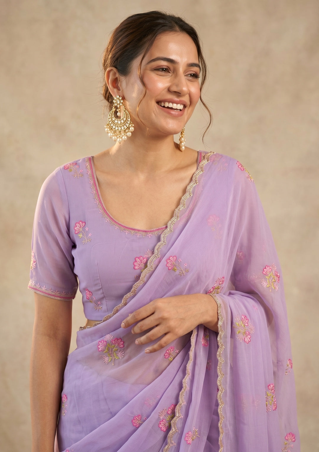 Lavender Threadwork Chiffon Saree