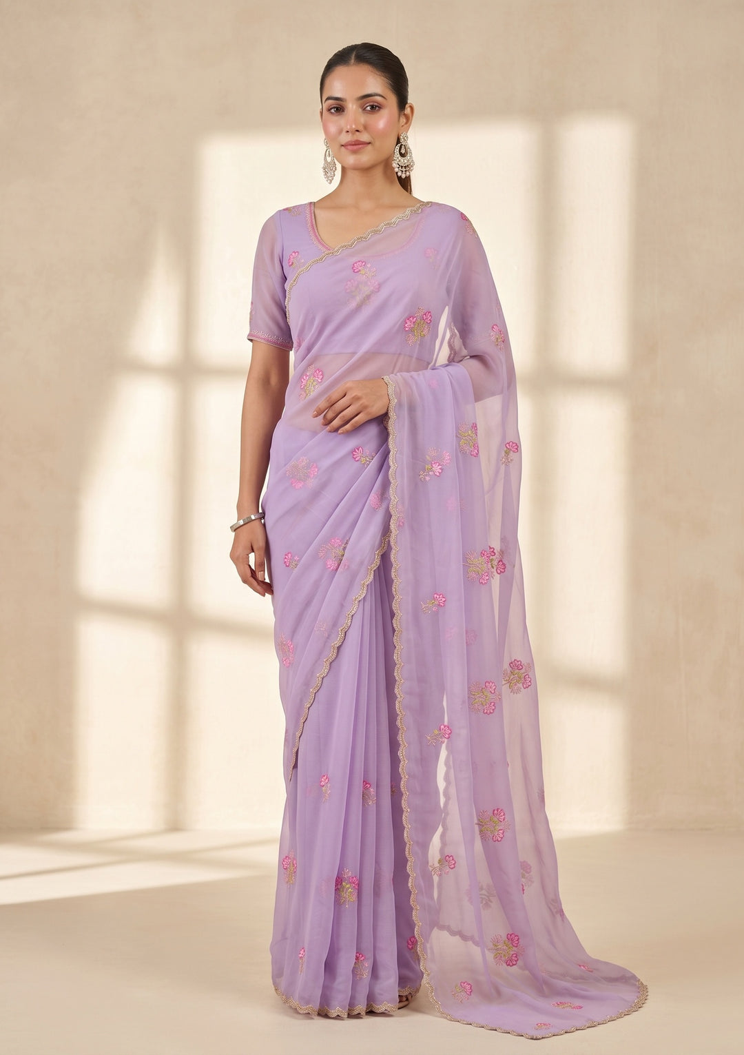 Lavender Threadwork Chiffon Saree