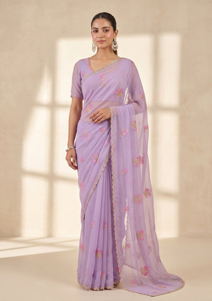Lavender Threadwork Chiffon Saree