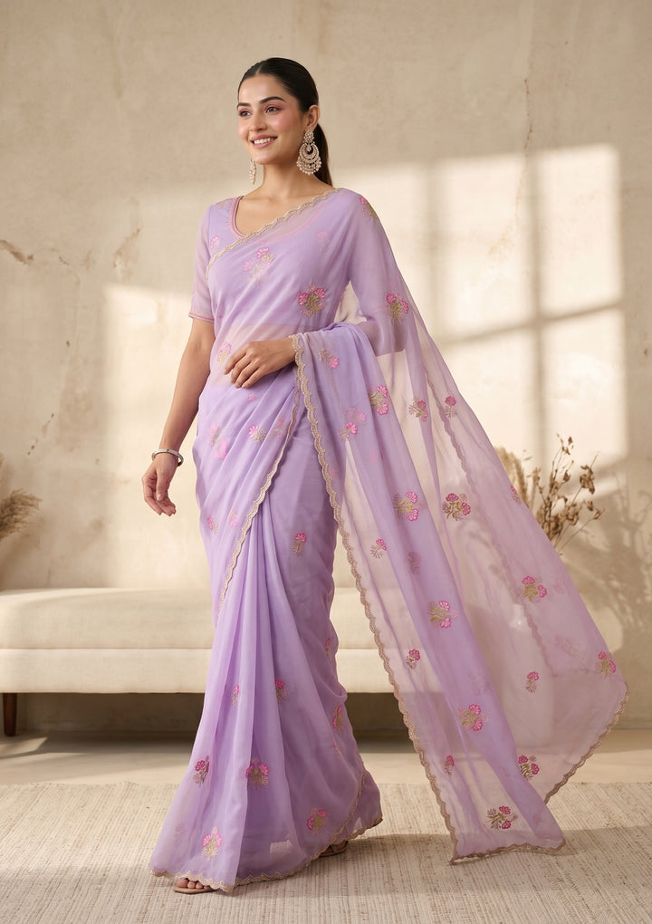 Lavender Threadwork Chiffon Saree