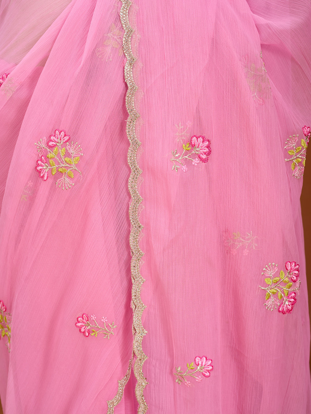 Pink Threadwork Chiffon Saree