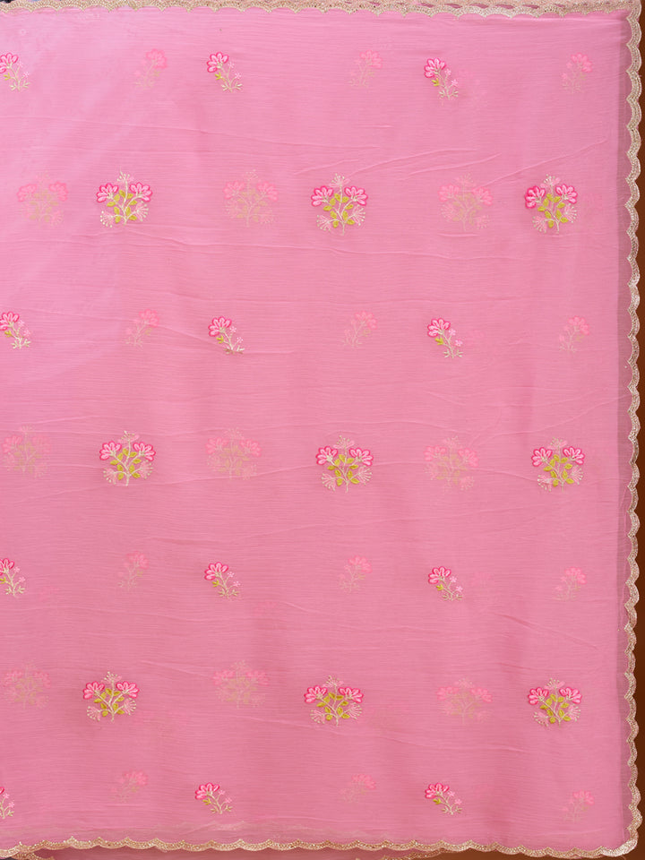 Pink Threadwork Chiffon Saree