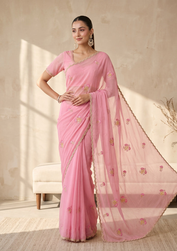 Pink Threadwork Chiffon Saree