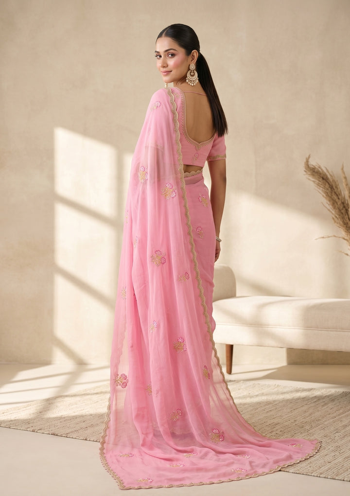 Pink Threadwork Chiffon Saree