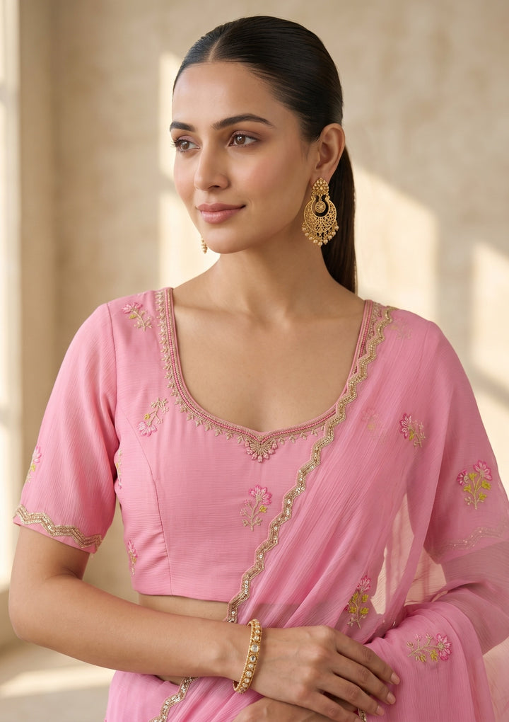 Pink Threadwork Chiffon Saree