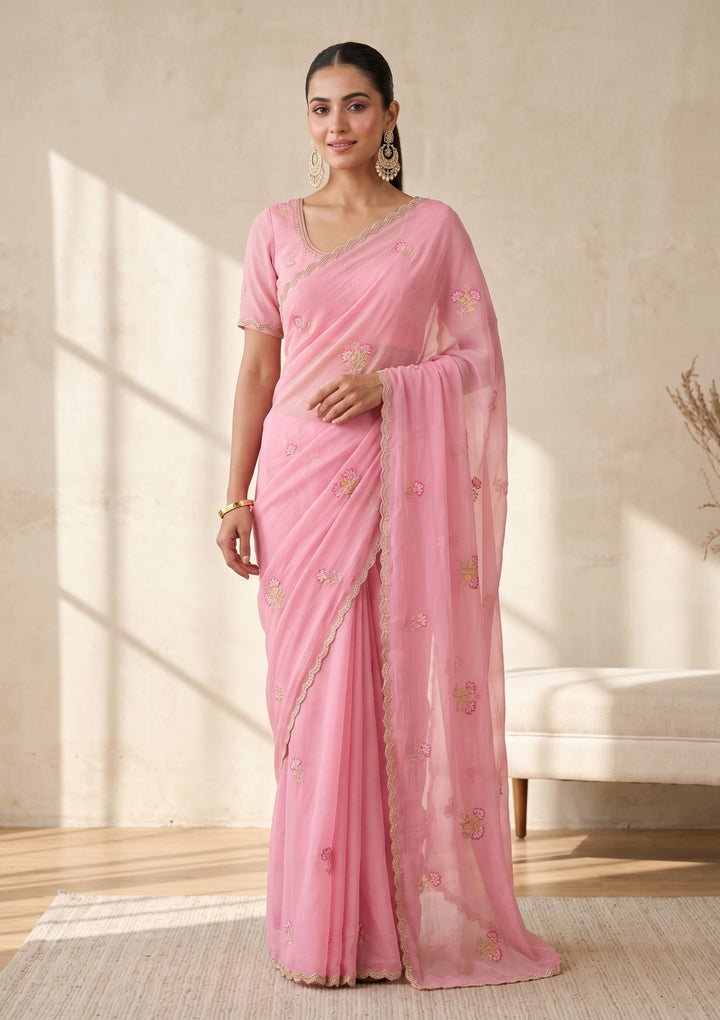 Pink Threadwork Chiffon Saree