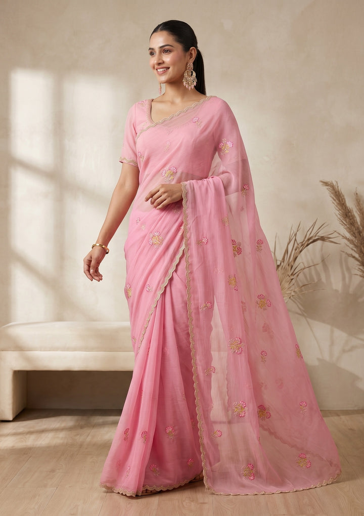Pink Threadwork Chiffon Saree
