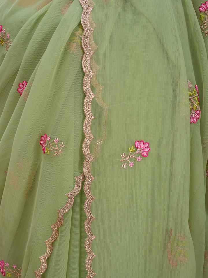 Pista Green Threadwork Chiffon Saree