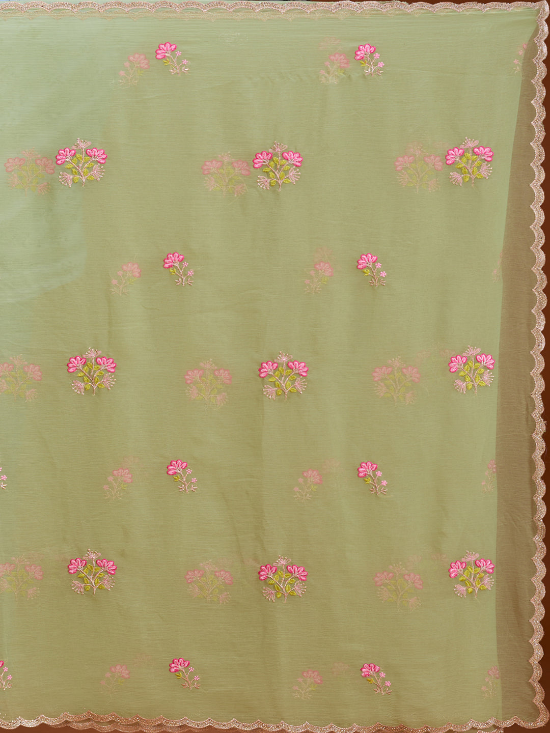 Pista Green Threadwork Chiffon Saree