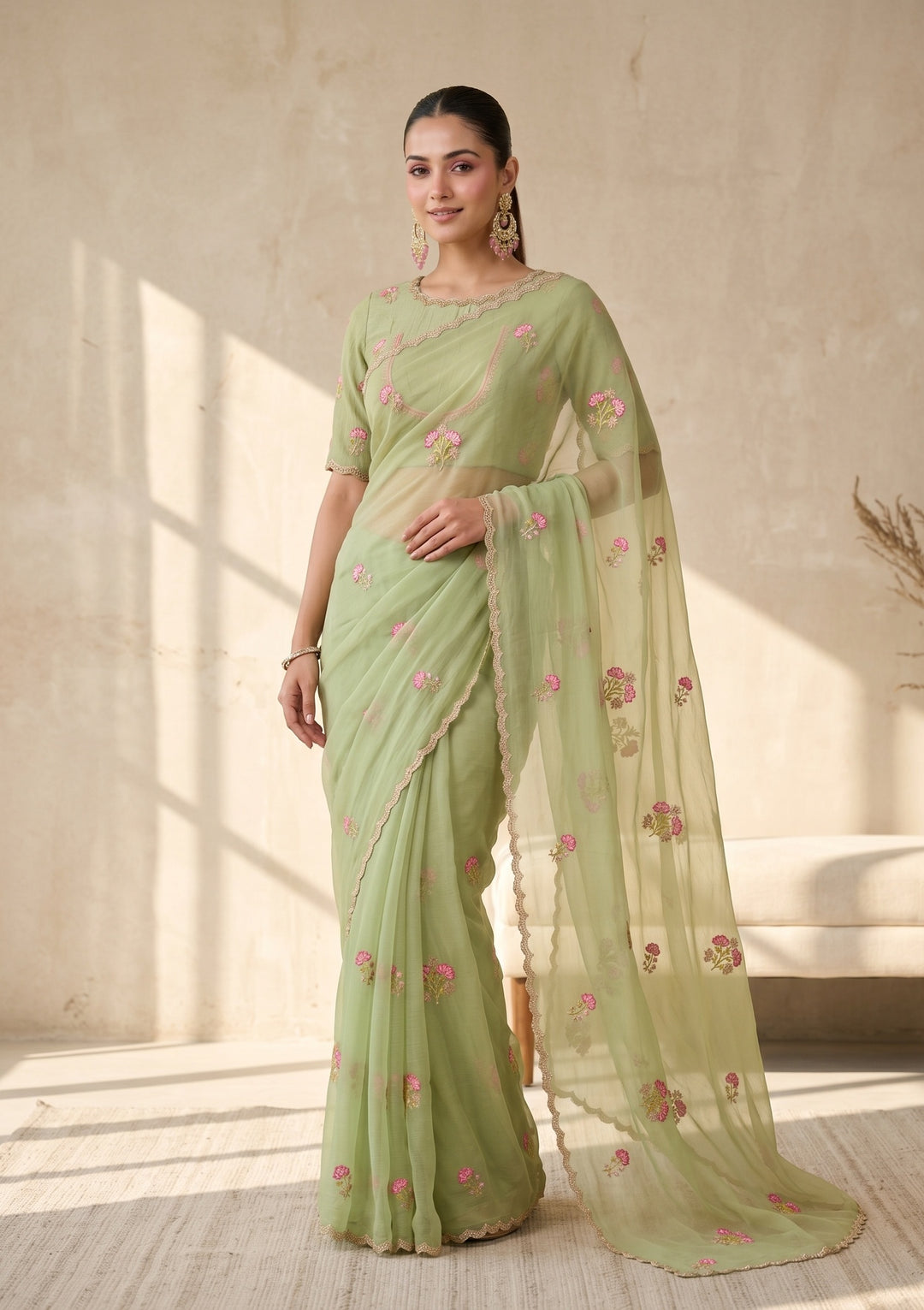 Pista Green Threadwork Chiffon Saree