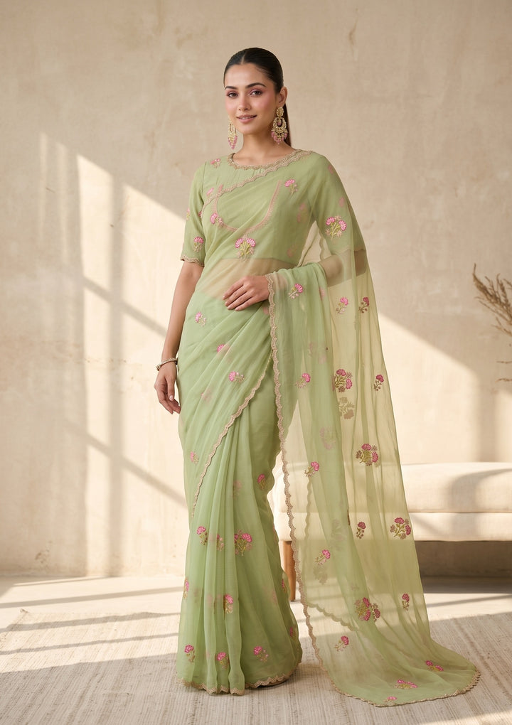 Pista Green Threadwork Chiffon Saree