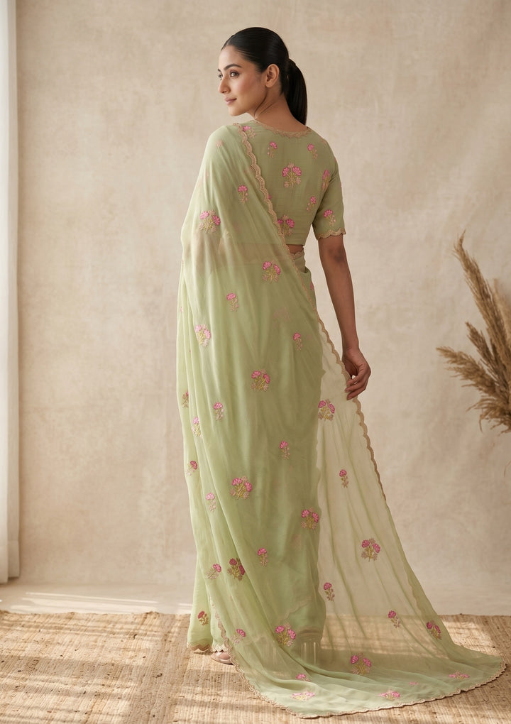 Pista Green Threadwork Chiffon Saree