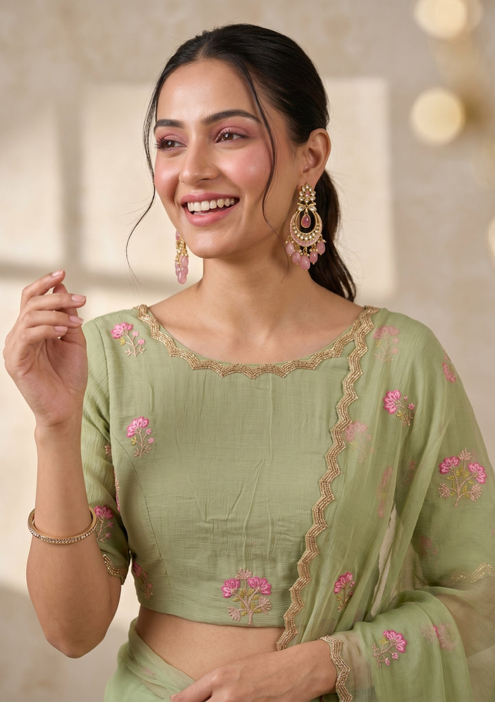Pista Green Threadwork Chiffon Saree