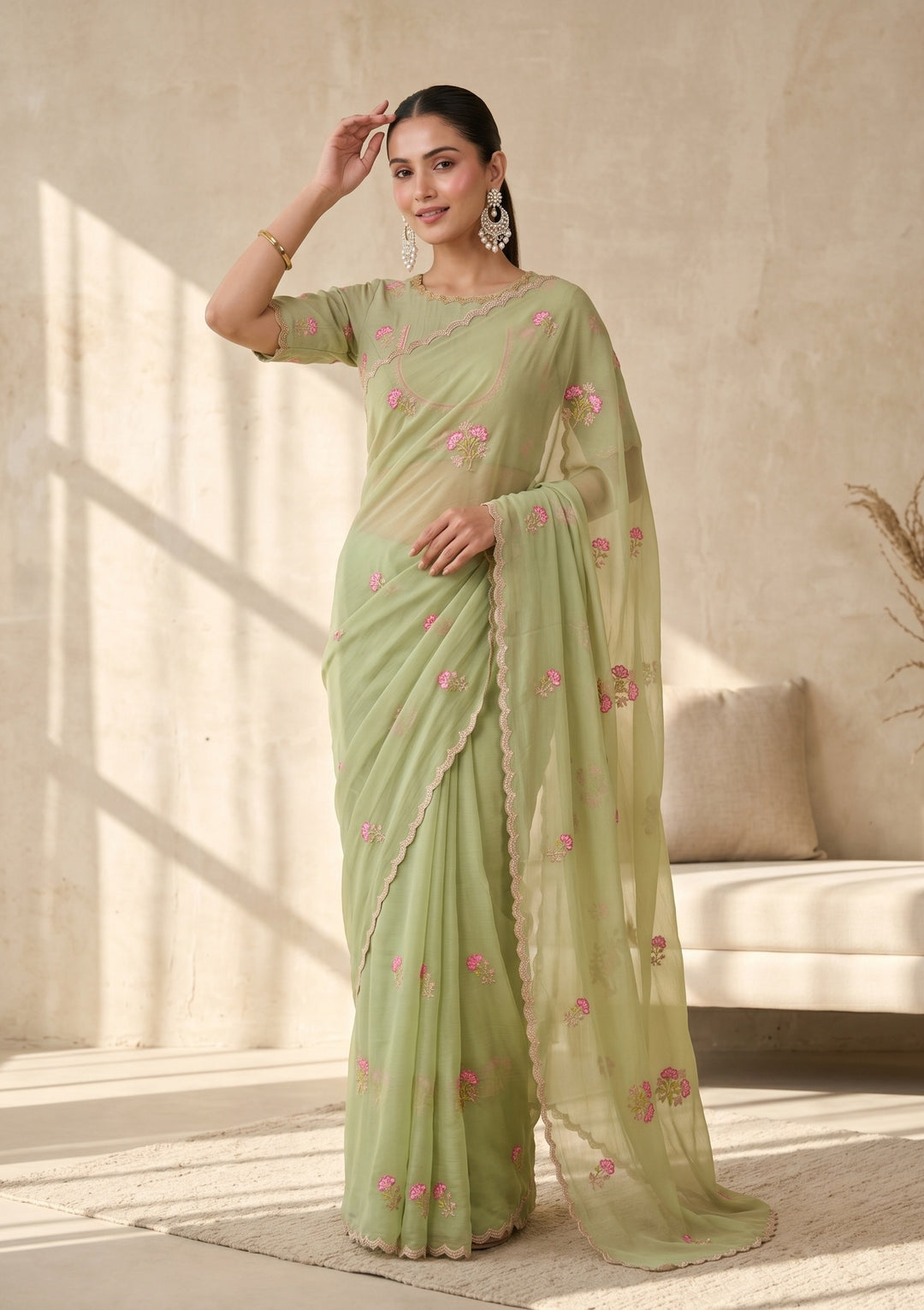 Pista Green Threadwork Chiffon Saree
