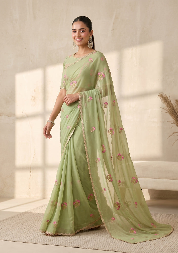 Pista Green Threadwork Chiffon Saree