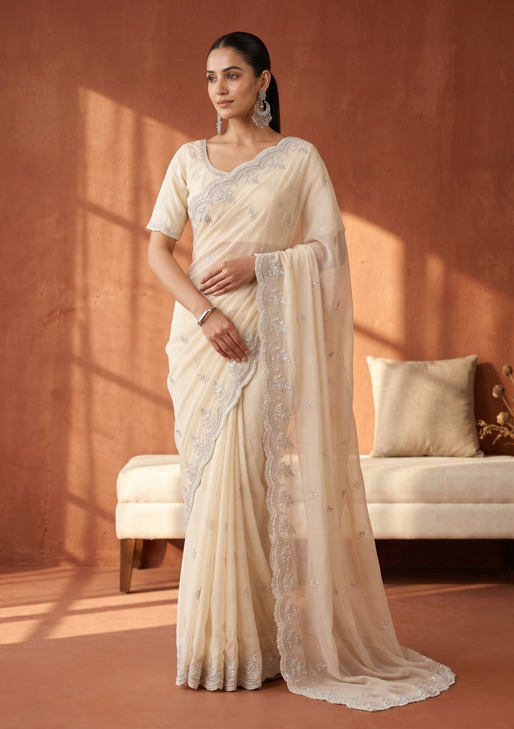 Cream Threadwork Georgette Saree