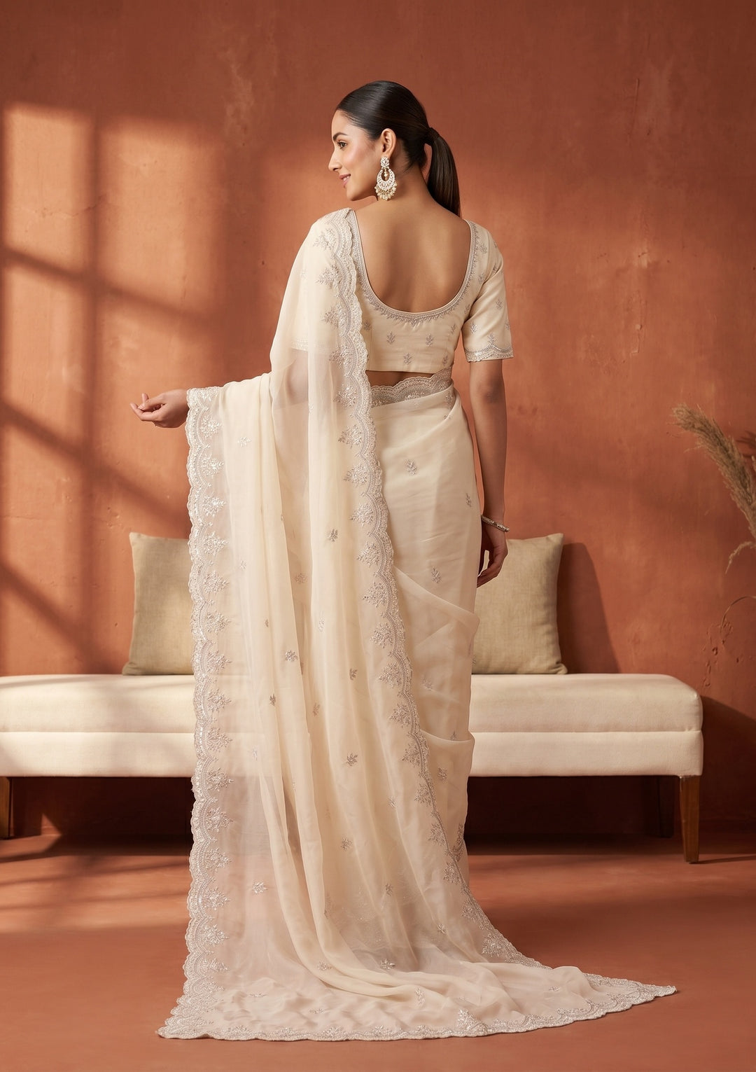 Cream Threadwork Georgette Saree