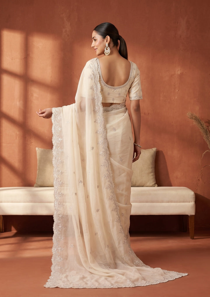 Cream Threadwork Georgette Saree