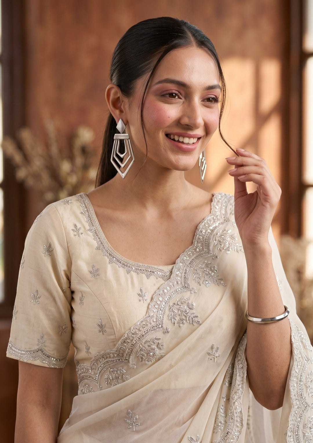 Cream Threadwork Georgette Saree