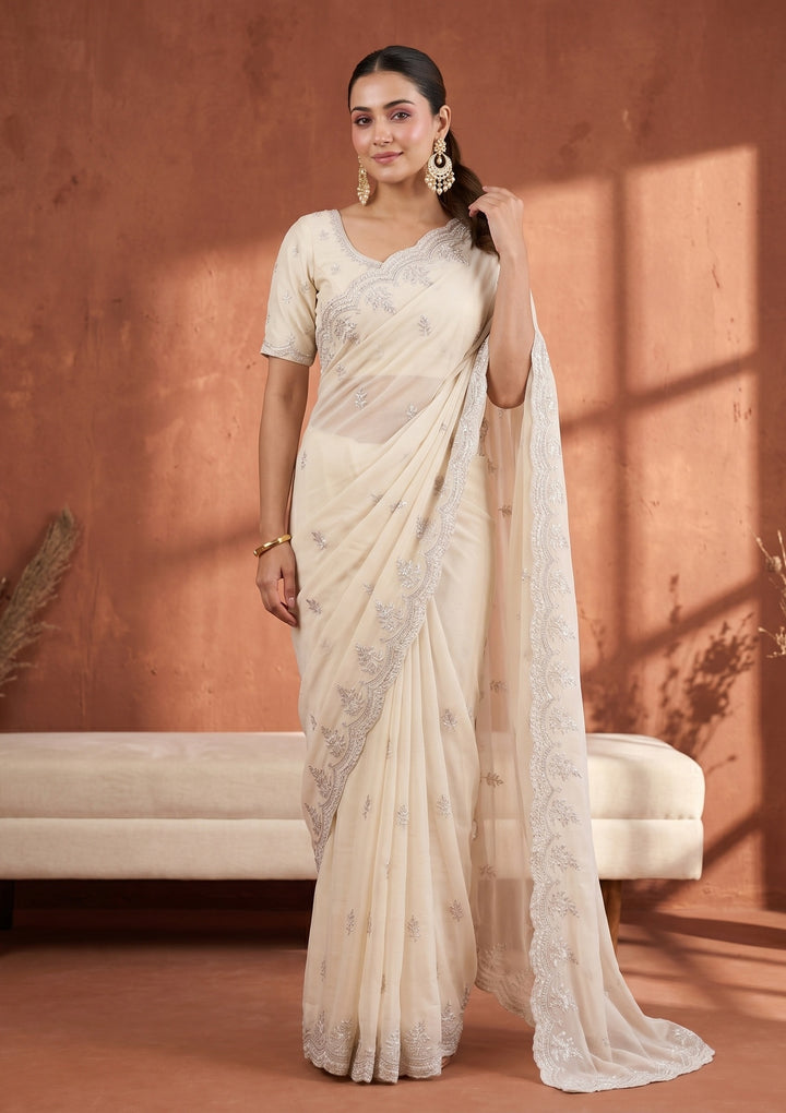 Cream Threadwork Georgette Saree